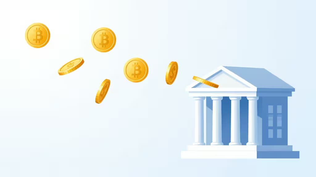 Monete Bitcoin dorate volano verso un edificio bancale classico, simboleggiando le conversioni off-ramp da crypto a fiat.