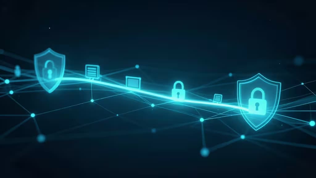 Glowing blue network lines connect digital shields and padlocks, symbolizing secure self-hosted VPNs protecting AI privacy.