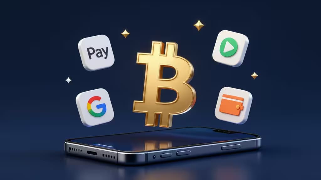 Un Bitcoin dorato fluttua sopra uno smartphone, circondato da icone di Apple Pay, Google Pay e wallet su sfondo blu scuro.