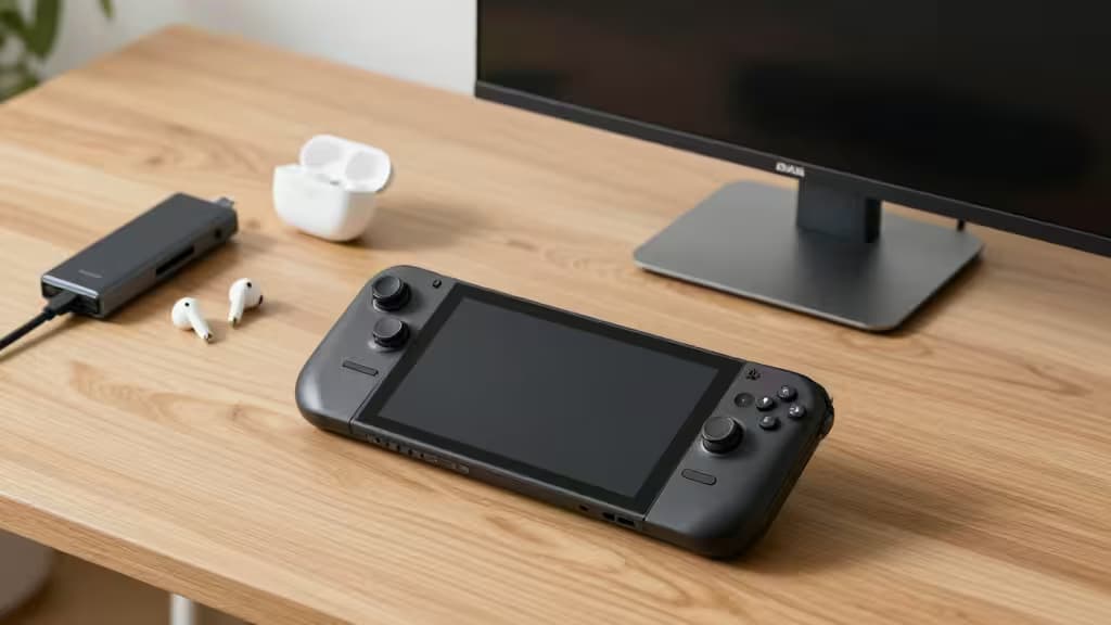 木製デスクの上に置かれたSteam Deckと、白いワイヤレスイヤホン、充電ドック。旅先でのゲーム環境をイメージした写真。