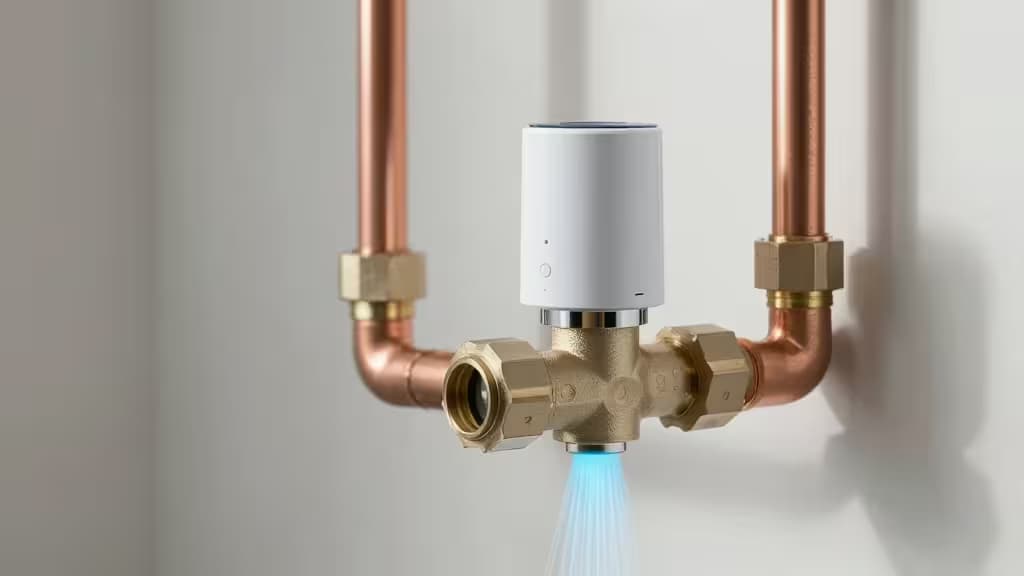 Vanne intelligente blanche montée sur un raccord en laiton entre des tuyaux de cuivre verticaux, avec un jet d'eau bleu visible.