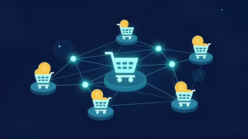 Abstract illustration of cryptocurrency payment processing for e-commerce, showing glowing network connections between shopping cart icons and blockchain coins in blue and teal tones.