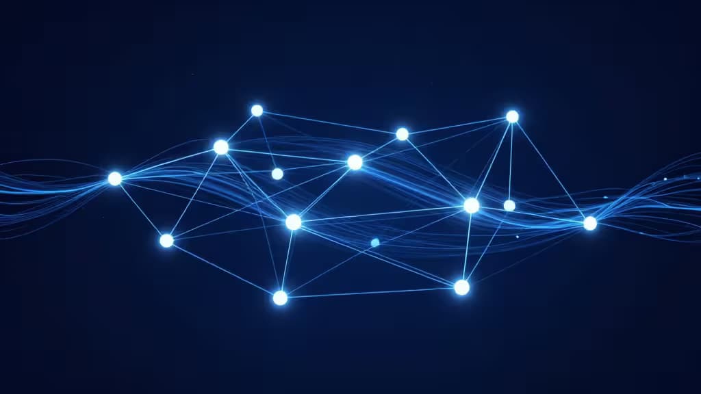 Glowing blue nodes and lines form a dynamic network on a dark background, symbolizing interconnected DeFi assets.