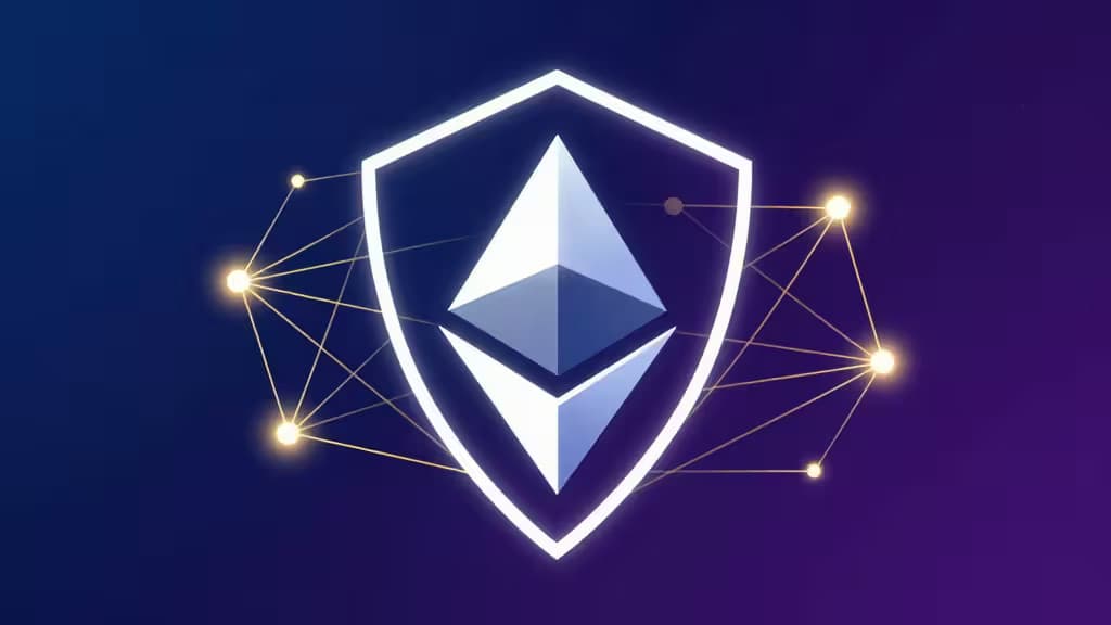 Illustrazione astratta del restaking su Ethereum: nodi di rete interconnessi che formano uno scudo protettivo attorno a un simbolo ETH cristallino centrale, con sfondo in gradiente blu e viola.