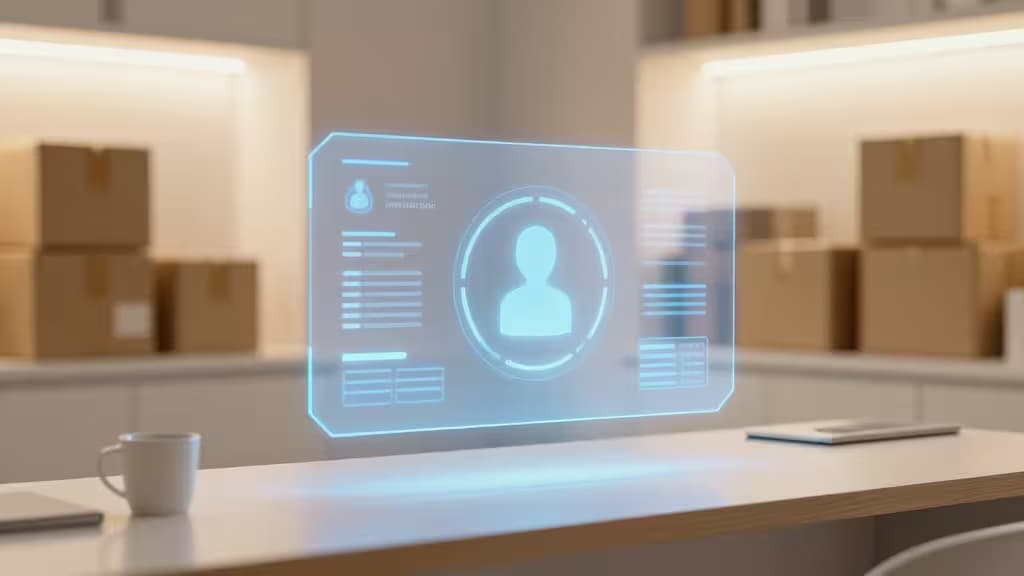A modern desk features a glowing holographic AI interface, with stacked parcels in the background.