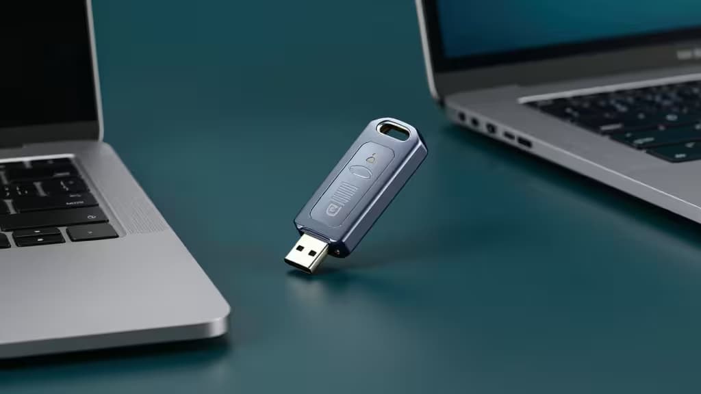 A USB-C hardware security key resting on a desk next to a laptop, photographed against a dark teal background.