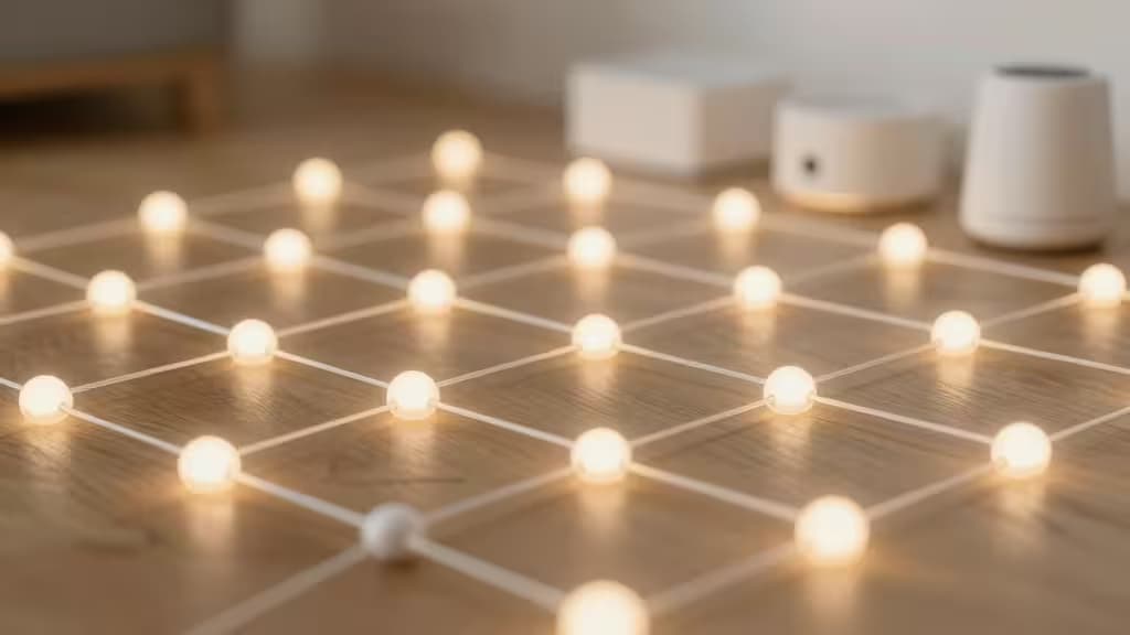 Glowing Thread nodes form a mesh network on a wooden floor, connecting smart home devices.
