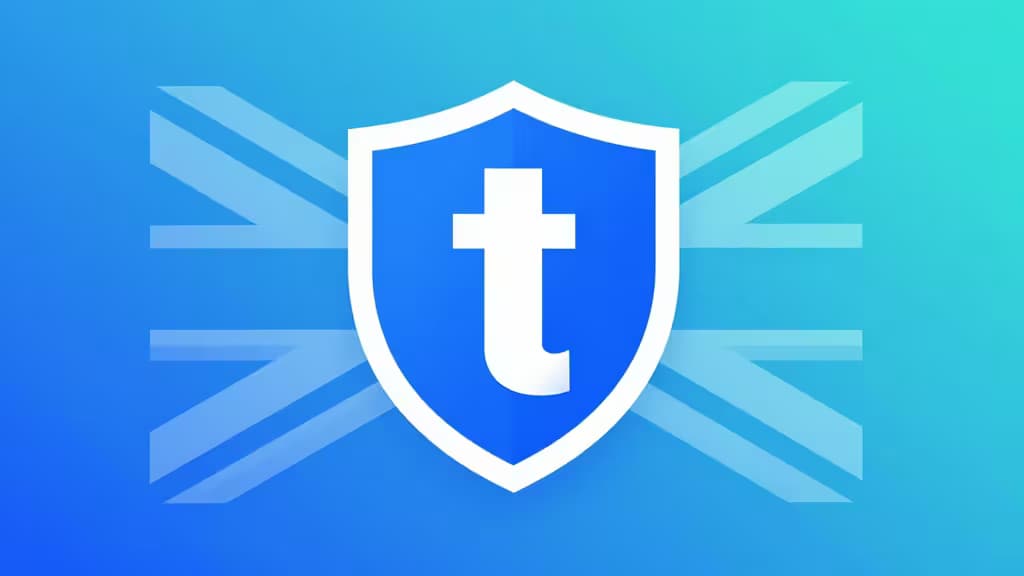 A white shield with a lowercase 't' overlays a stylized Union Jack in cool blue tones, symbolizing secure, UK-compliant crypto trading.