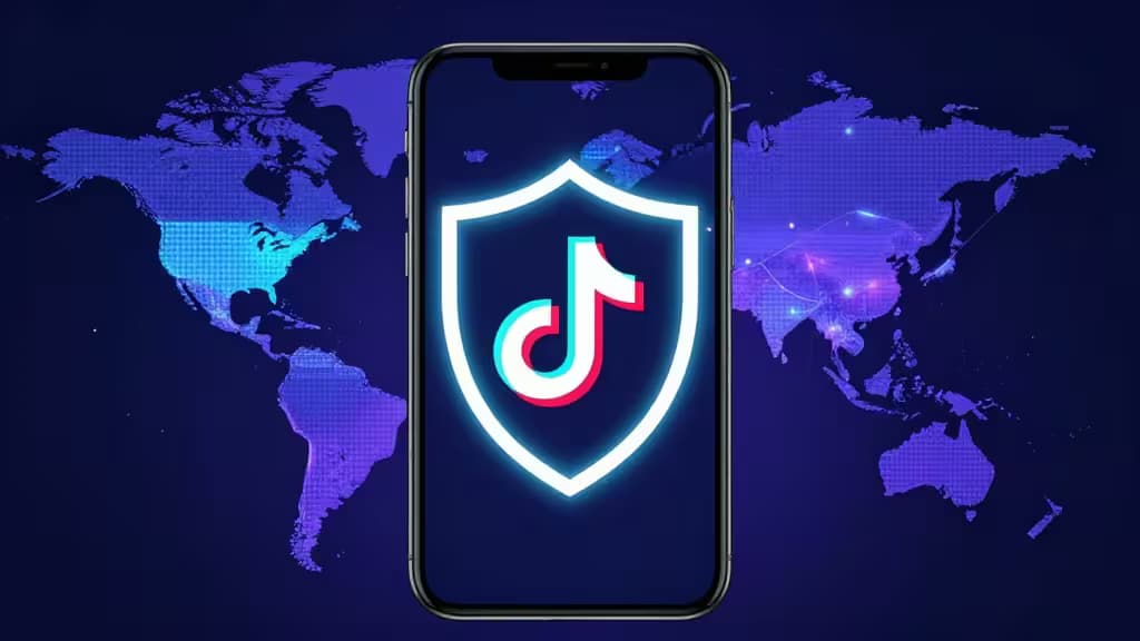 Smartphone displays TikTok logo shielded by glowing blue VPN icon over world map.