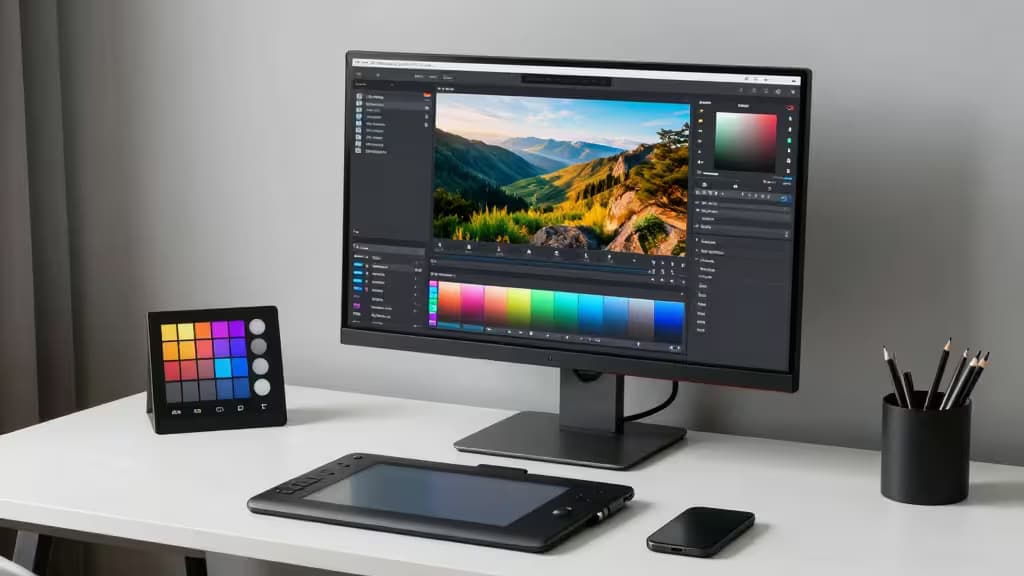 A sleek white desk holds a large IPS monitor displaying a vibrant mountain landscape, flanked by a color calibration chart and a graphics tablet.