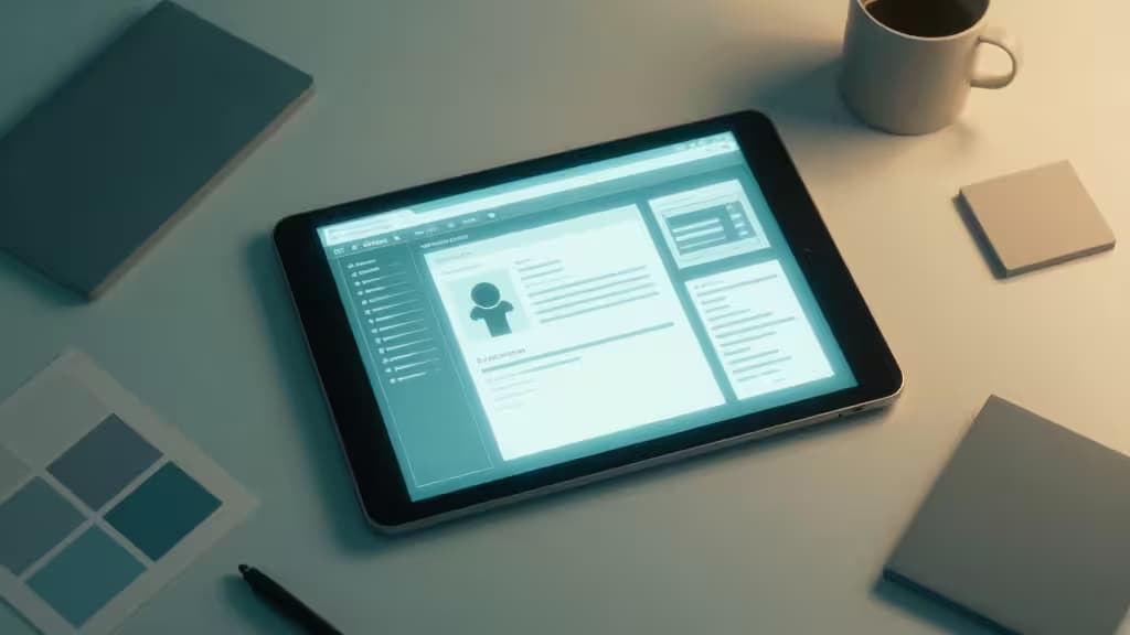 Tablet displays wireframe UI mockup on minimalist desk with color swatches, notebook, and coffee mug.