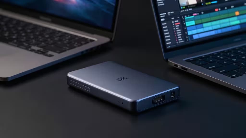 A portable SSD drive resting on a dark surface beside a laptop displaying a video editing timeline