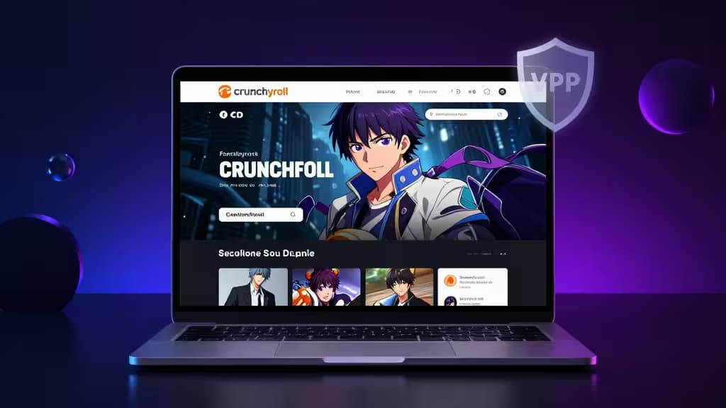 Laptop displays Crunchyroll anime interface with VPP shield overlay, set against purple gradient background.