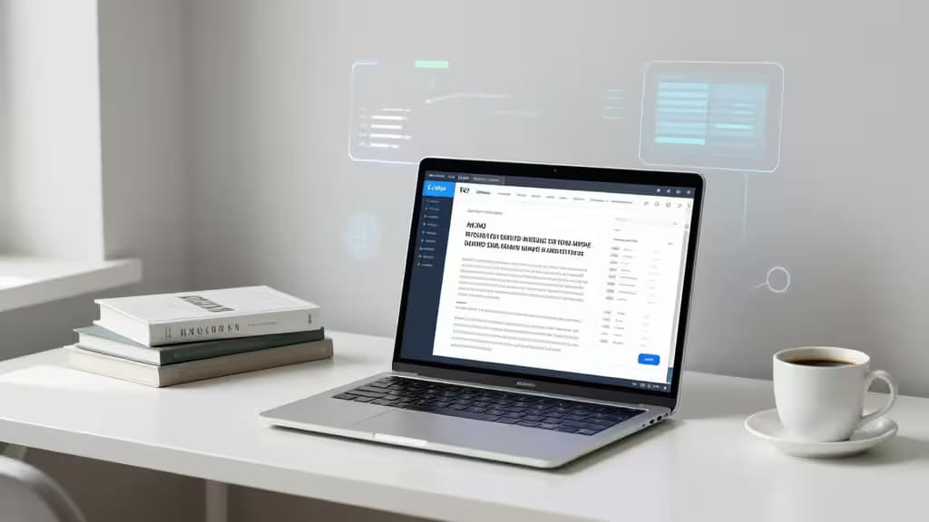 A sleek laptop displays AI-powered literature review tools on a minimalist desk beside books and coffee.