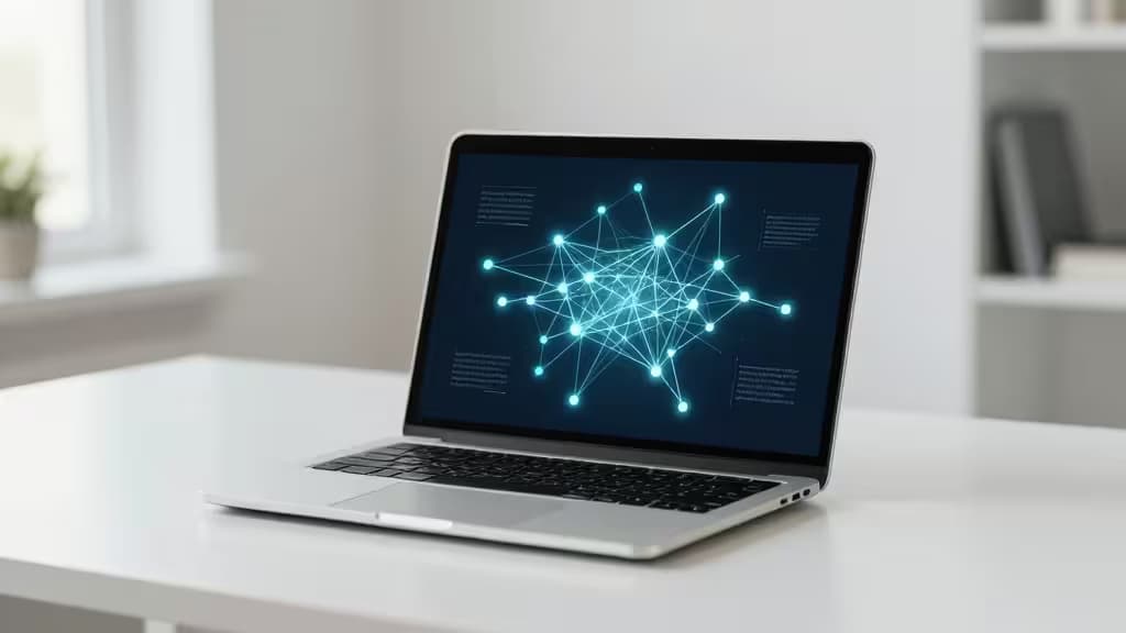 Silver laptop displays glowing blue citation network map on dark screen, positioned on white desk.