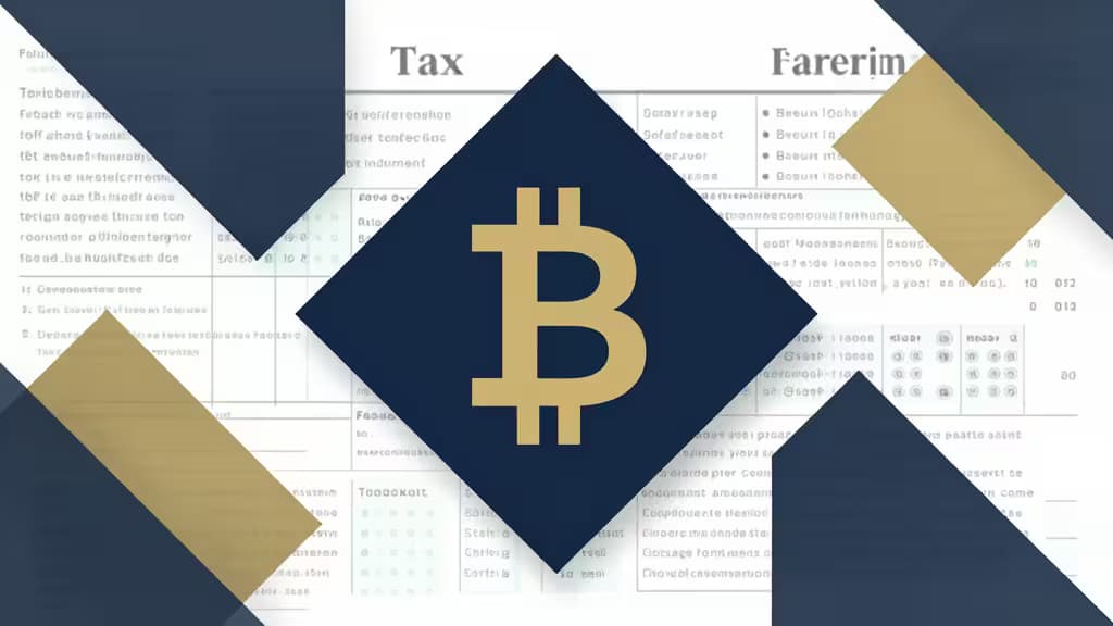 Bitcoin logo overlays tax forms with geometric shapes, symbolizing crypto tax software for international traders.