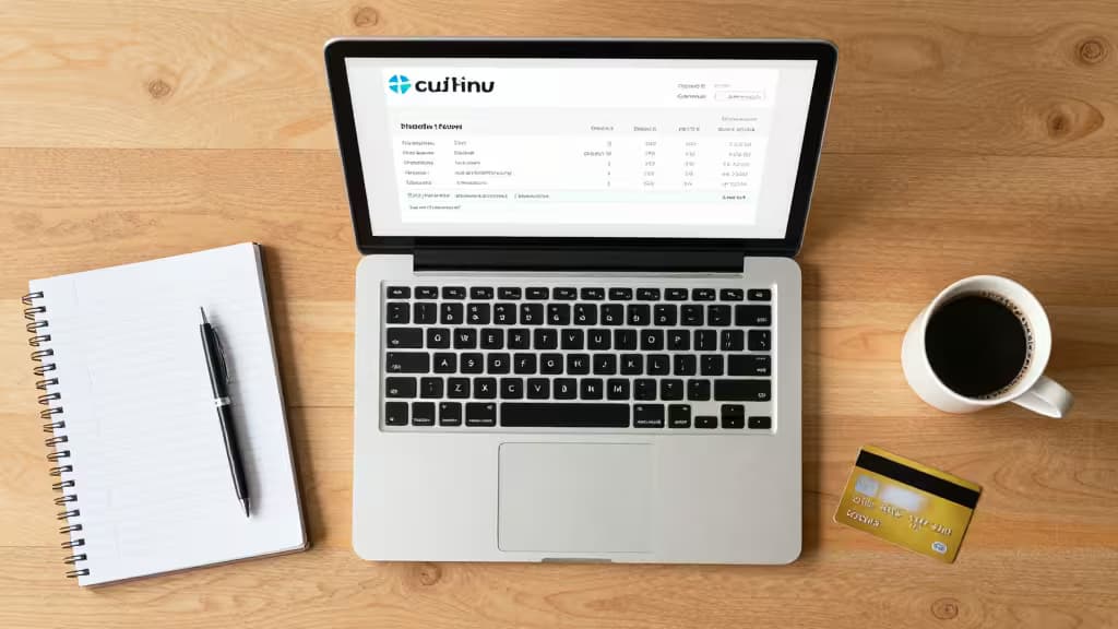 Mesa de trabalho de freelancer com laptop exibindo software de faturamento, bloco de notas, caneta, café e cartão de crédito.