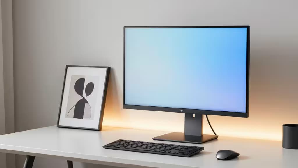 Un elegante monitor nero con schermo a gradiente blu su una scrivania bianca, illuminato da una calda luce ambientale, con tastiera e mouse in primo piano.