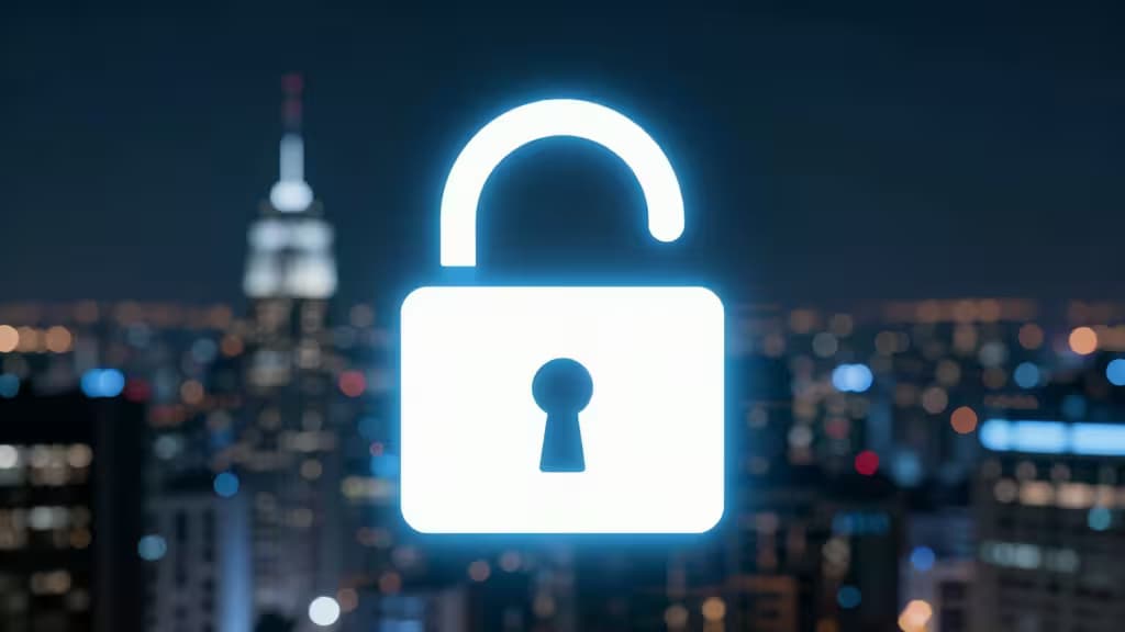 Un cadenas blanc lumineux superposé à un paysage urbain nocturne flou, symbolisant la sécurité des opérations bancaires en ligne.