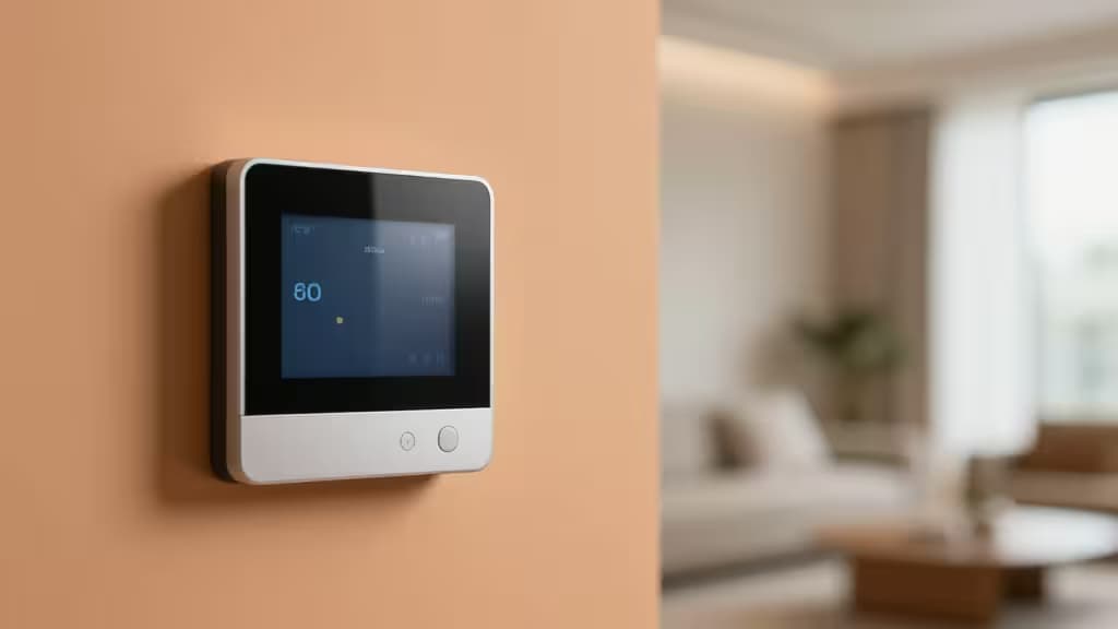 A sleek white smart thermostat with a digital display showing '60' is mounted on a warm peach wall in a softly lit living room.