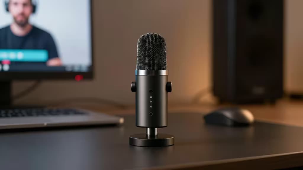 Black metal USB microphone with mesh grille stands on dark desk beside laptop and mouse, blurred monitor showing video call in background.