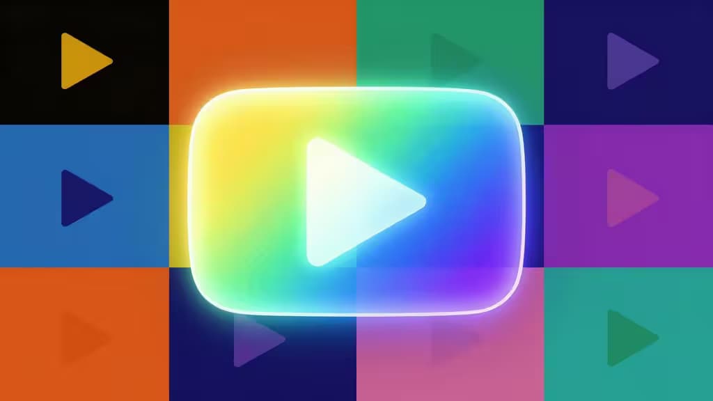Abstract composition of a glowing play button morphing into a creative thumbnail canvas with vibrant gradient colors and layered geometric design elements.