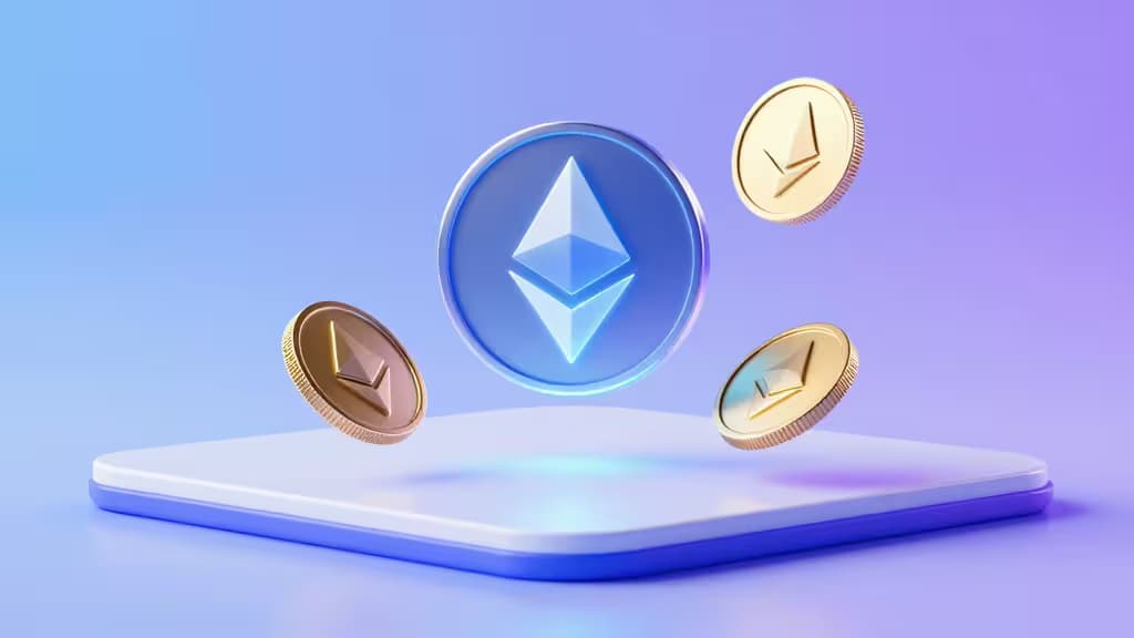 A glowing Ethereum coin hovers above a sleek white platform, flanked by three golden Solana coins against a soft blue-purple gradient background.