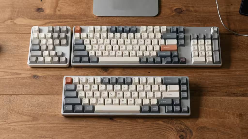 Three compact mechanical keyboards with mixed keycaps rest on a wooden desk.