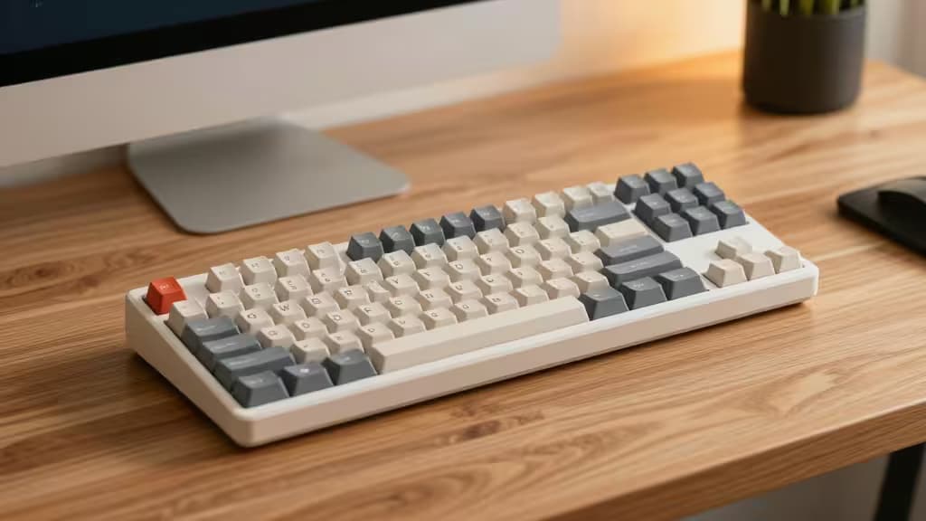 A white mechanical keyboard with gray and orange keycaps sits on a wooden desk beside a monitor.
