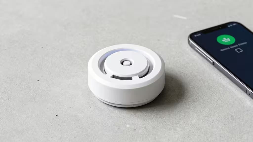 White plastic smoke detector sits beside a smartphone displaying a green safety alert on a concrete surface.