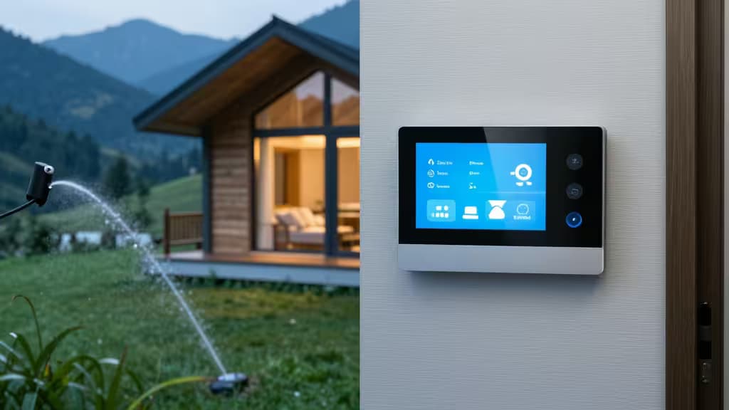 A modern vacation cabin at dusk with warm interior lighting, a smart display visible through a window, and a sprinkler system watering the lawn outside.
