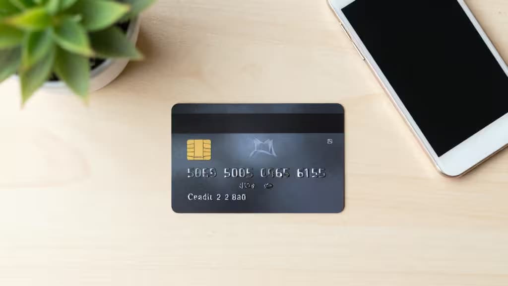 A sleek black credit card rests on a light wooden desk beside a smartphone and potted plant.