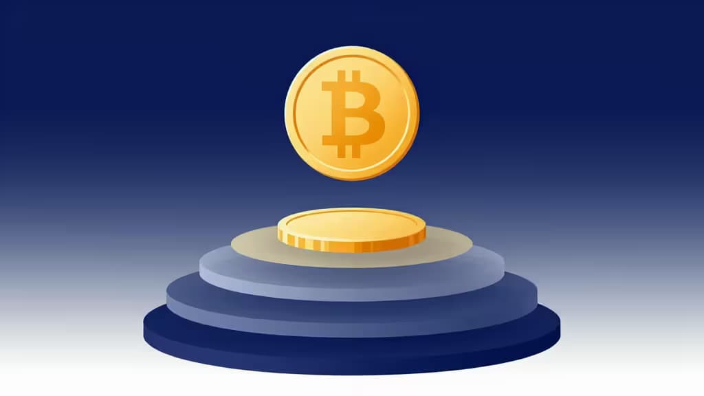 A golden Bitcoin coin hovers above tiered blue platforms, symbolizing cost comparison for low-fee crypto on-ramps.