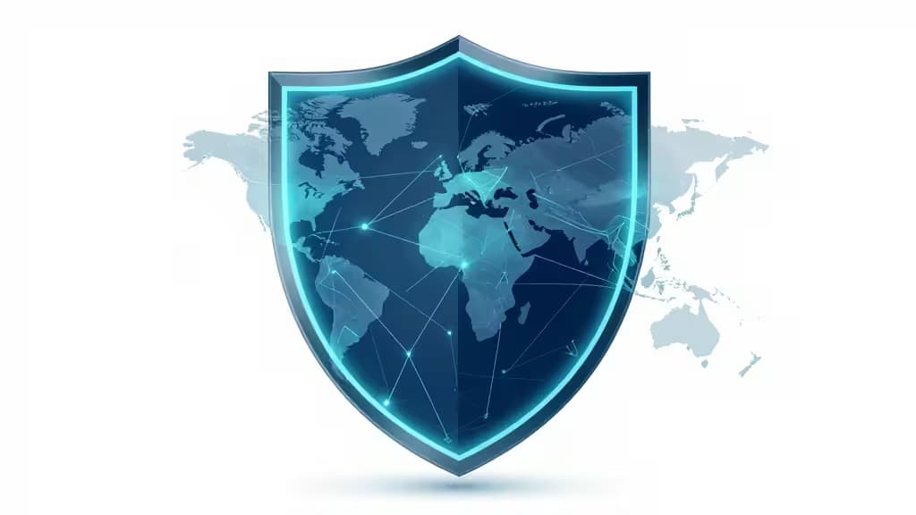 Een gloeiend blauw schild overlapt een wereldkaart en symboliseert veilige, versleutelde wereldwijde toegang tot AI-tools vanuit beperkte regio's.