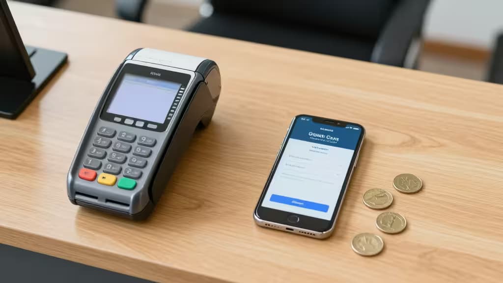 A Verifone terminal, smartphone, and coins rest on a light wood desk.