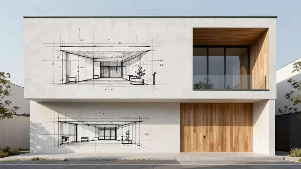 Fachada blanca con bocetos a mano a la izquierda y renders fotorrealistas de madera y vidrio a la derecha.