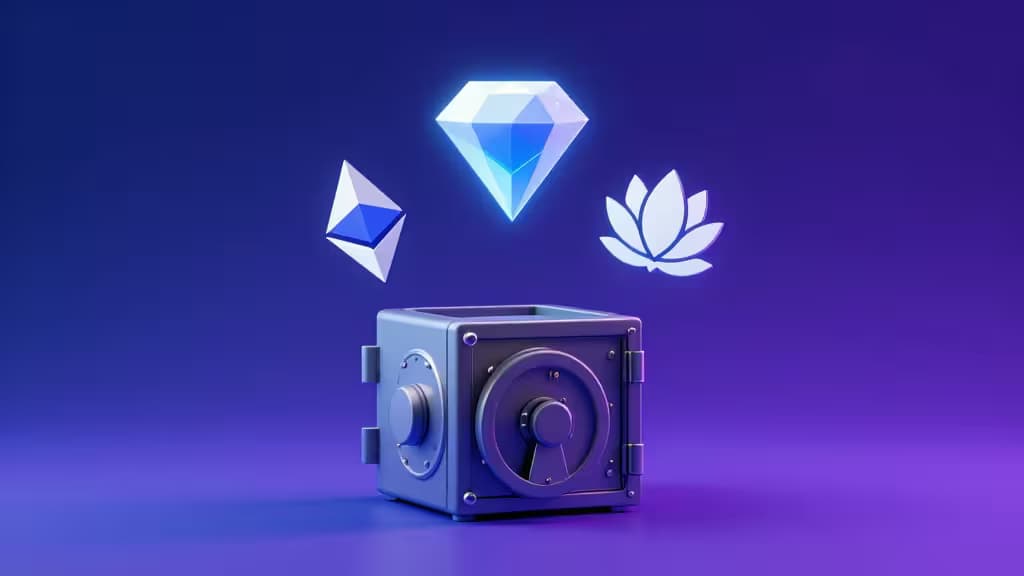 Un diamante de Ethereum y una flor de loto de Solana brillan sobre una caja fuerte metálica con un fondo de gradiente púrpura.