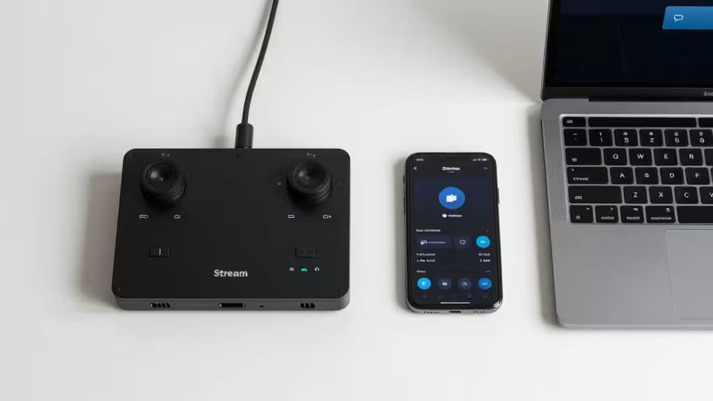Black Stream Deck, smartphone app, and laptop on white surface.