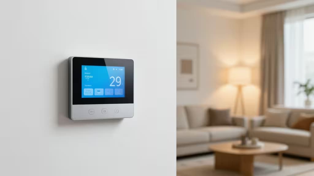 A sleek smart thermostat with a digital display is mounted on a white wall in a modern apartment living room.