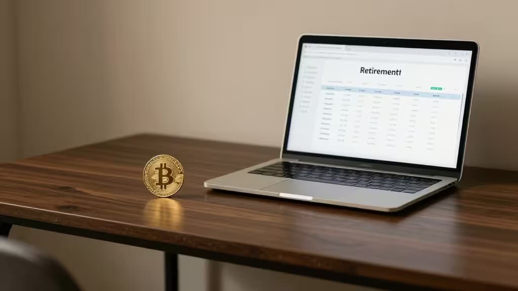 A physical Bitcoin coin sits beside a laptop displaying a retirement account dashboard on a wooden desk.