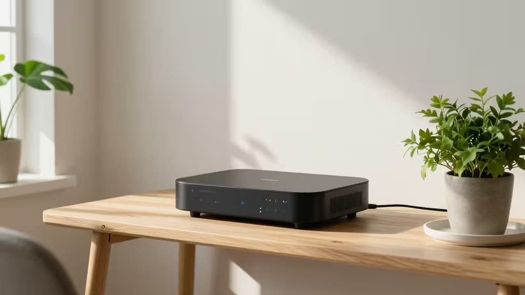 Un hub noir sur table en chêne, entre deux plantes vertes.