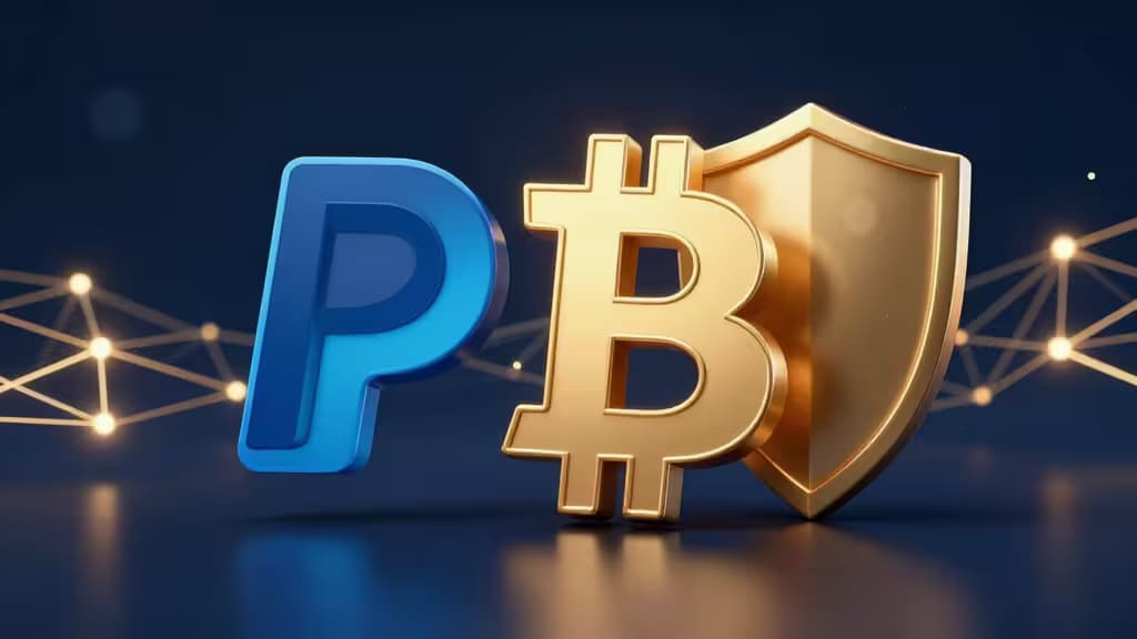 Un logo PayPal bleu et un symbole Bitcoin doré protégés par un bouclier métallique, sur fond de réseau numérique lumineux.