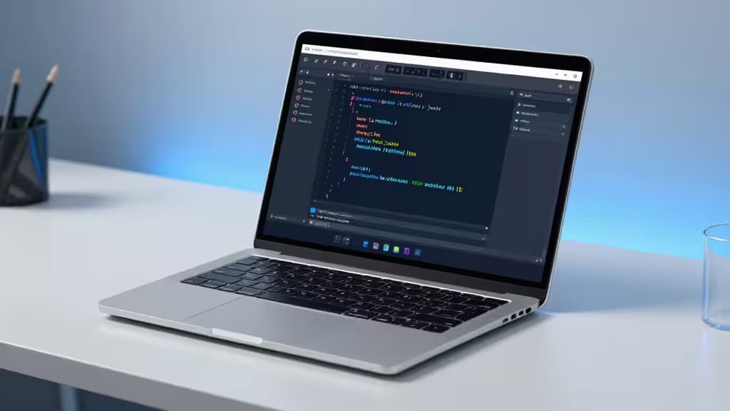 シルバーのノートパソコンにNode.jsのコードが表示され、白い机の上にペンホルダーとグラスが置かれている様子