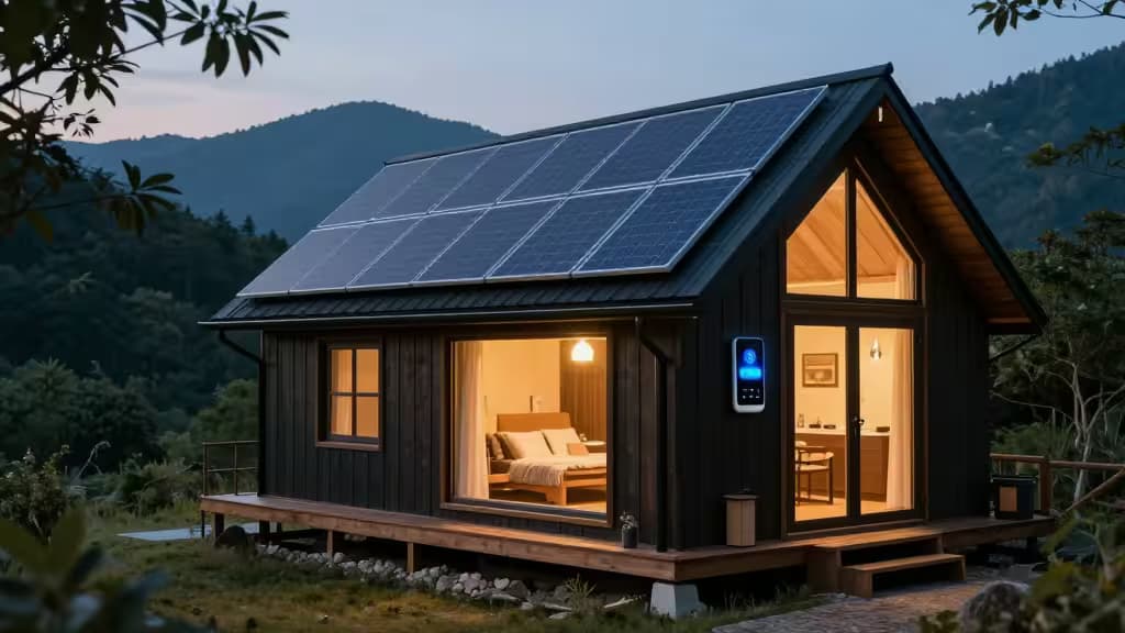 A remote off-grid cabin at dusk with solar panels on the roof, glowing warm interior lights, surrounded by forest and mountains, with smart home technology subtly integrated into the rustic setting.