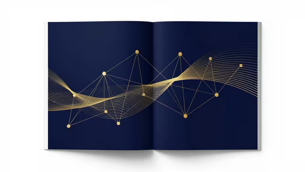 Open book with gold network lines on navy blue pages, symbolizing DeFi crypto tax software.