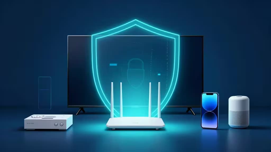 A glowing white router emits a cyan shield protecting a TV, console, phone, and smart speaker on a reflective blue surface.