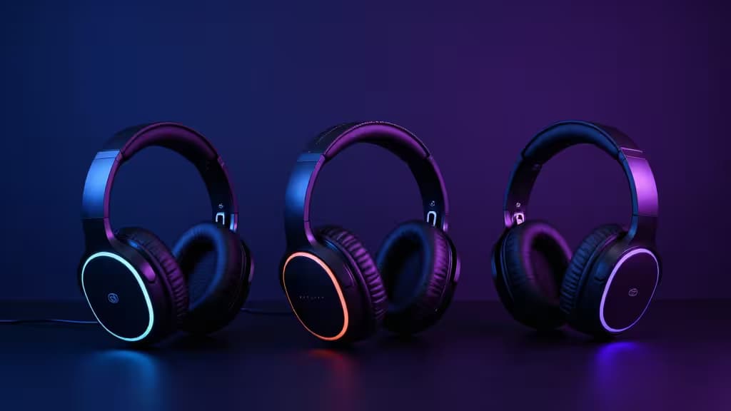 Three sleek gaming headsets with glowing RGB accents sit on a dark surface under purple-blue lighting.
