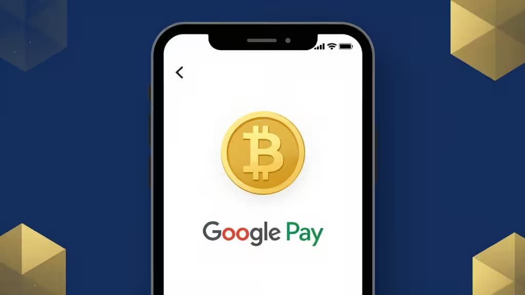 Un smartphone affiche un Bitcoin doré au-dessus du logo Google Pay, sur un fond bleu foncé avec des formes géométriques dorées flottantes.