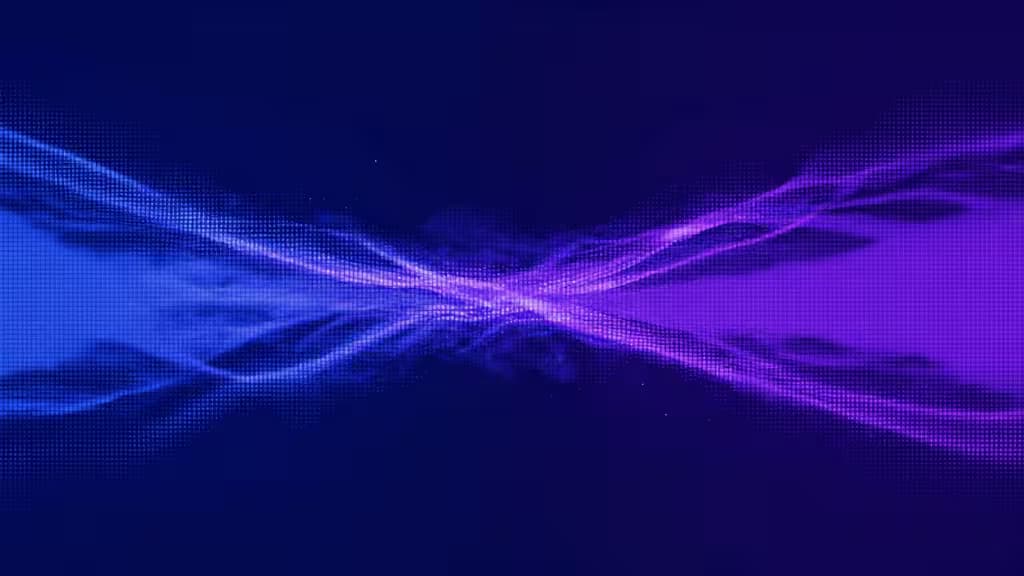Illustration abstraite d'une image en basse résolution se transformant en visuel haute définition, dégradé du flou au net, palette bleu et violet.