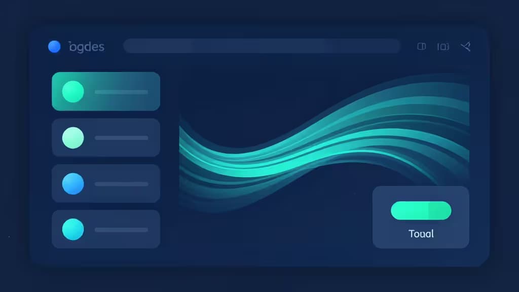 Abstrakcyjna ilustracja przełączników feature flags i strumieni danych w odcieniach niebieskiego i teal